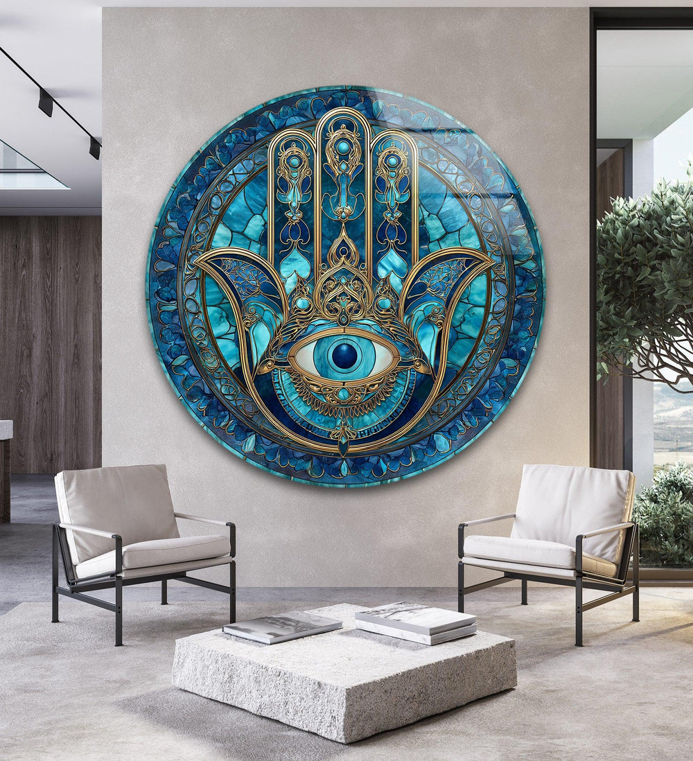 Mystic Hamsa Hand with Evil Eye – Round Glass Wall Art - MyPhotoStation