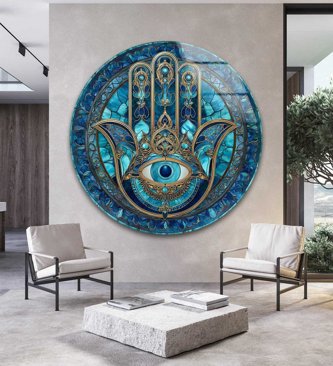 Mystic Hamsa Hand with Evil Eye – Round Glass Wall Art - MyPhotoStation