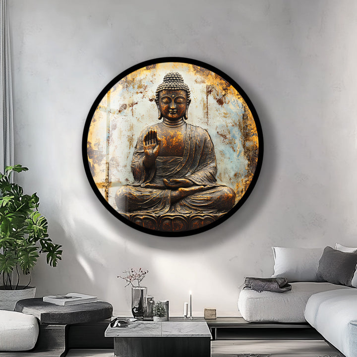 Rustic Buddha Calm – Round Glass Wall Art
