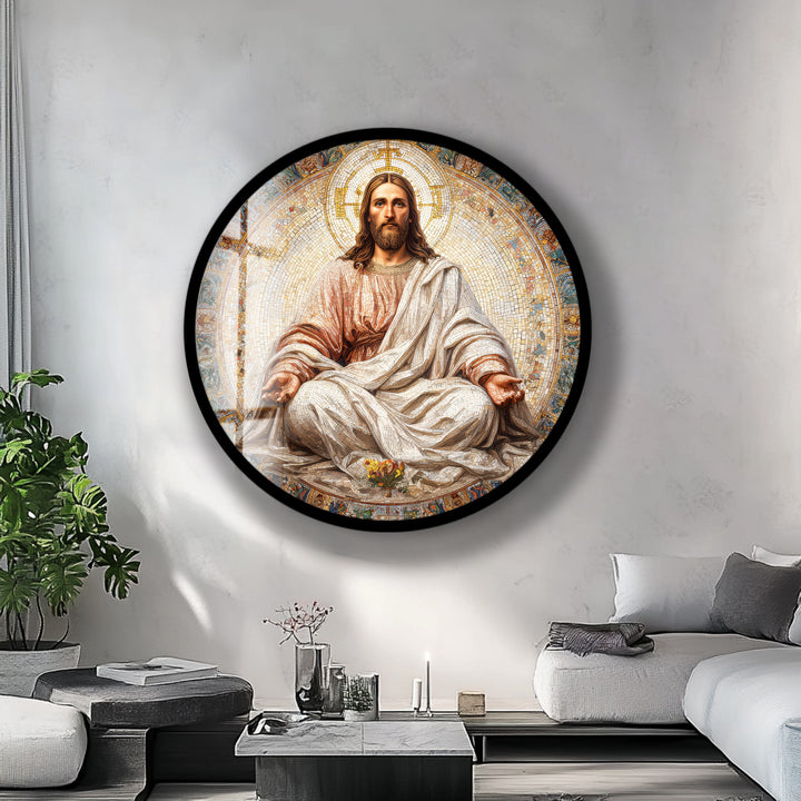 Radiant Christ in Serenity – Mosaic Round Glass Wall Art