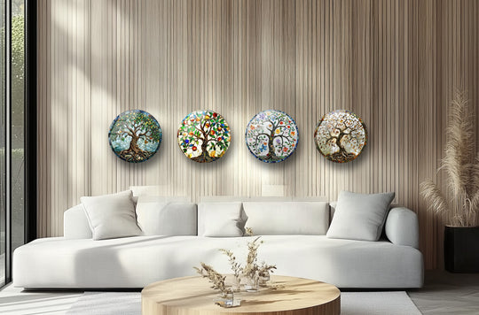 Round set glass wall art shows colorful mosaic tree of life and boho nature inspired decor and tree of life design on the wall