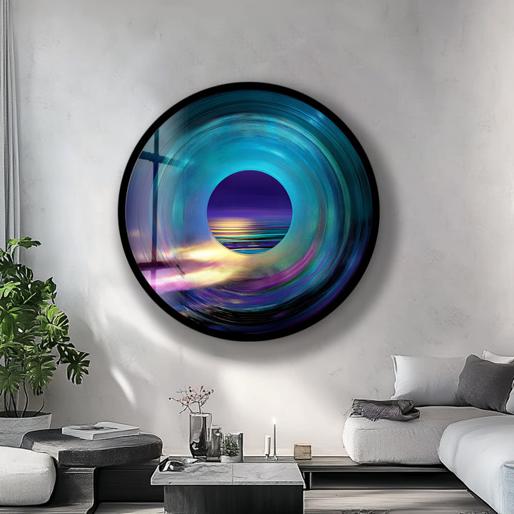 Luminous Horizon – Abstract Ocean View Round Glass Wall Art