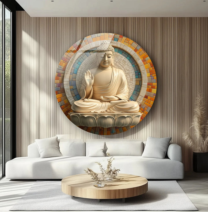 Tranquil Buddha Mosaic Round Glass Wall Art - MyPhotoStation