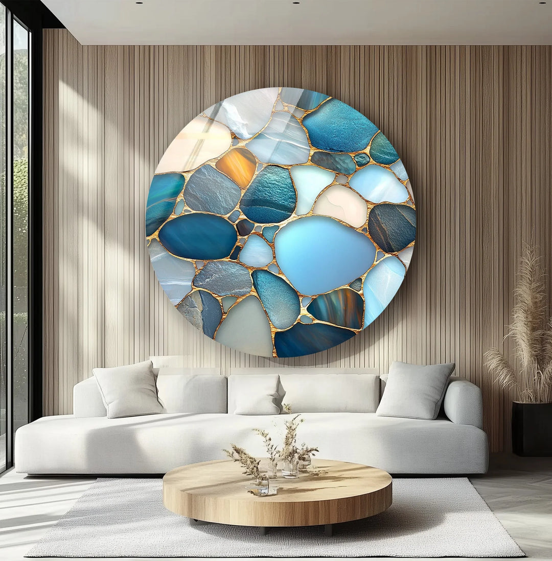 Blue Stone Mosaic Round Glass Wall Art - MyPhotoStation