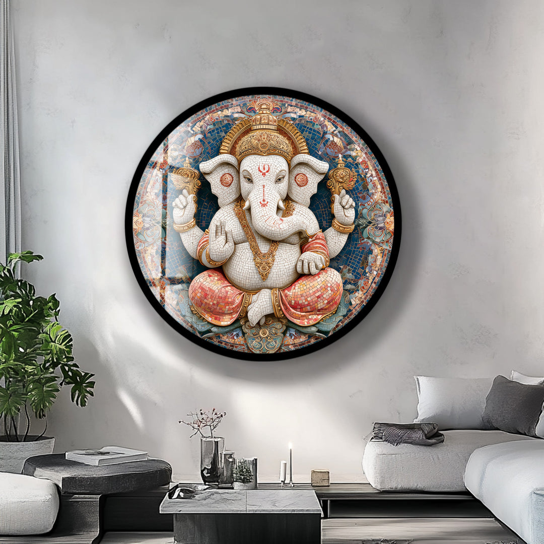 Divine Lotus Ganesha – Round Glass Wall Art
