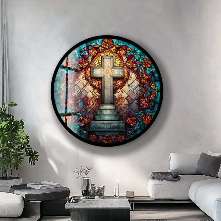 Golden Petal Harmony – Round Glass Wall Art
