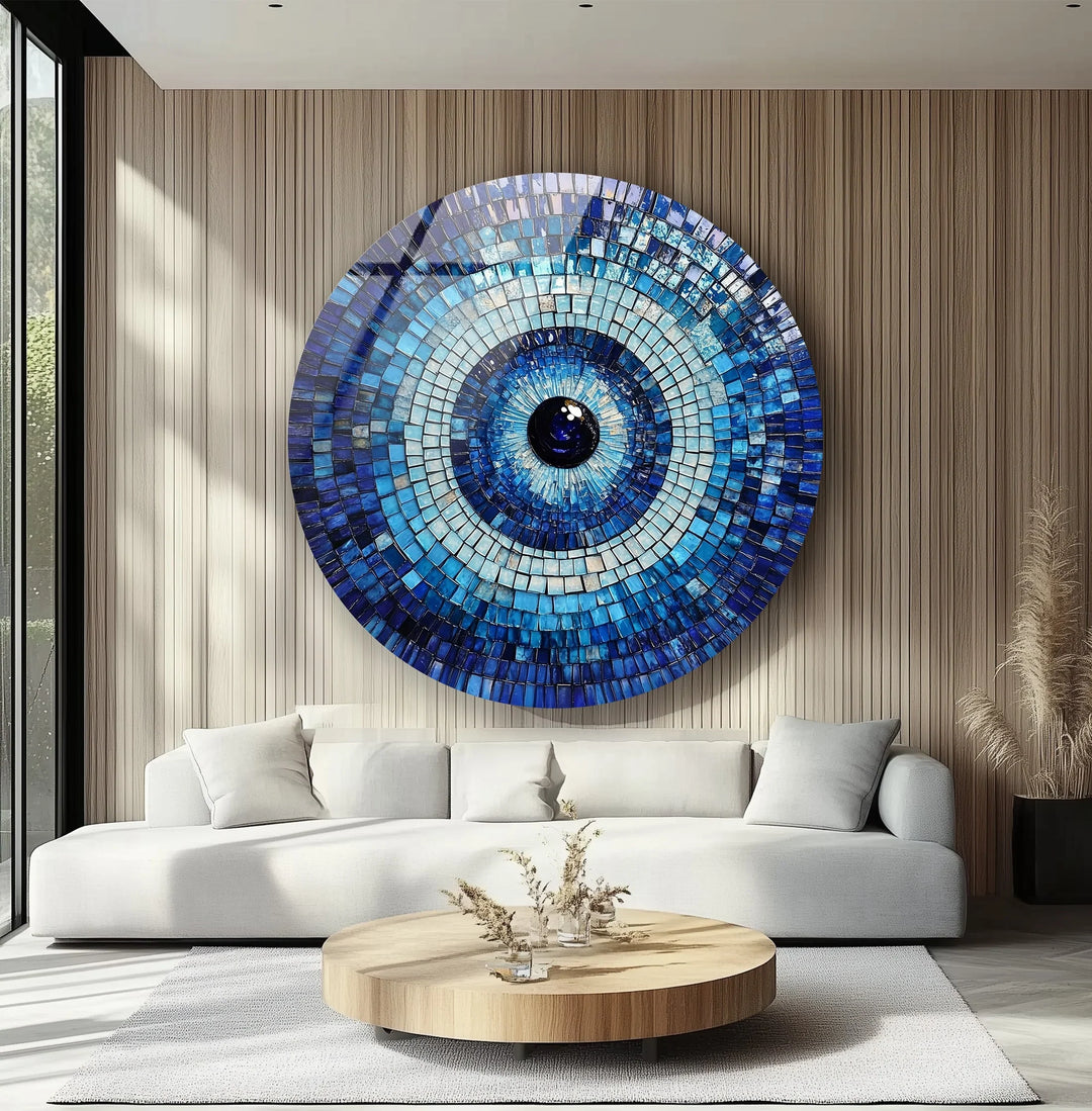 Blue Mosaic Evil Eye – Round Glass Wall Art - MyPhotoStation