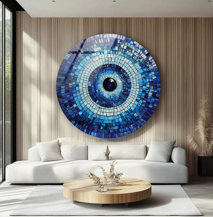 Blue Mosaic Evil Eye – Round Glass Wall Art - MyPhotoStation