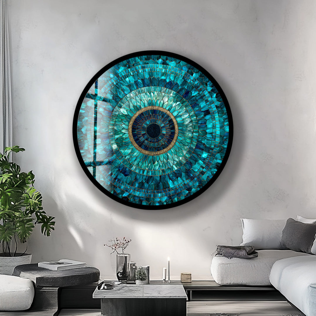 Emerald Mandala Radiance – Round Glass Wall Art