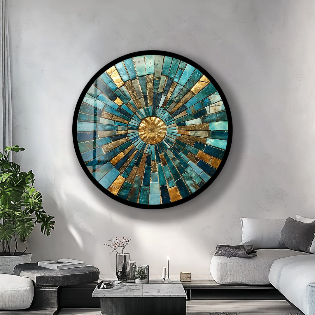 Golden Horizon – Turquoise Mosaic Round Glass Wall Art