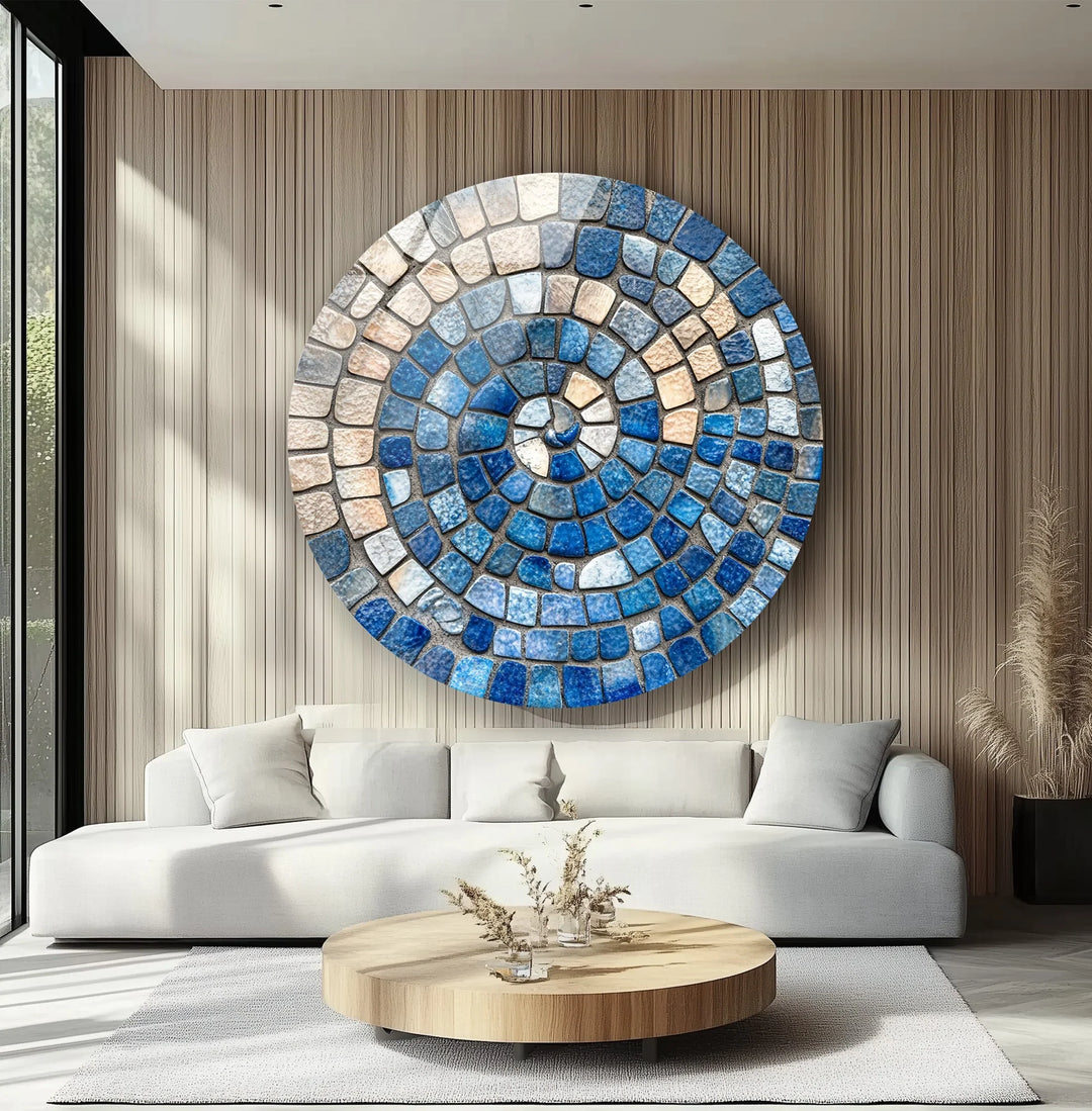 Ocean Spiral Mosaic – Blue and Sand Round Glass Wall Art - MyPhotoStation