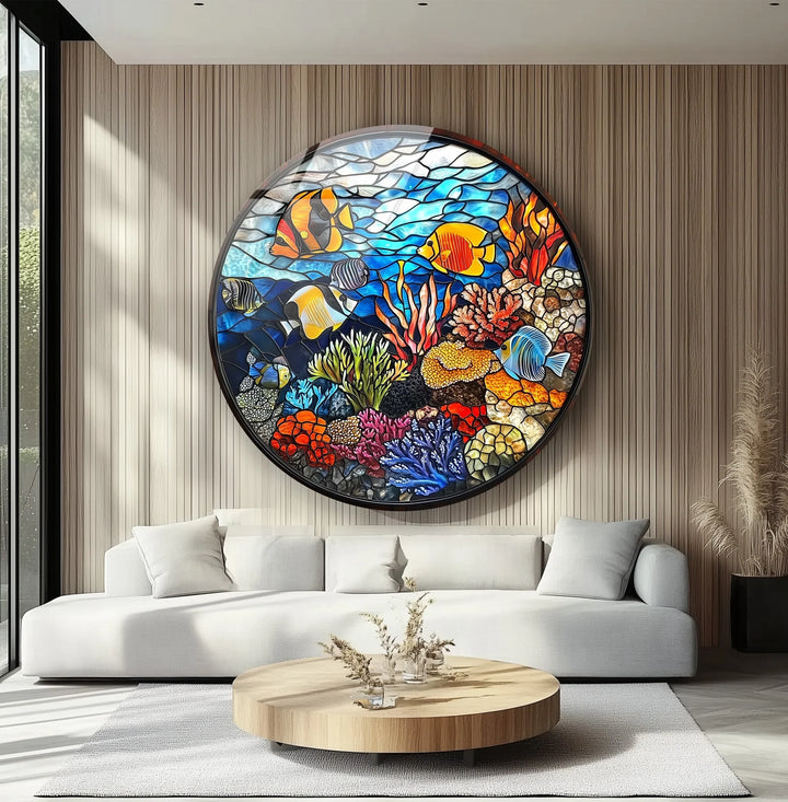 Coral Reef Mosaic Round Glass Wall Art - MyPhotoStation