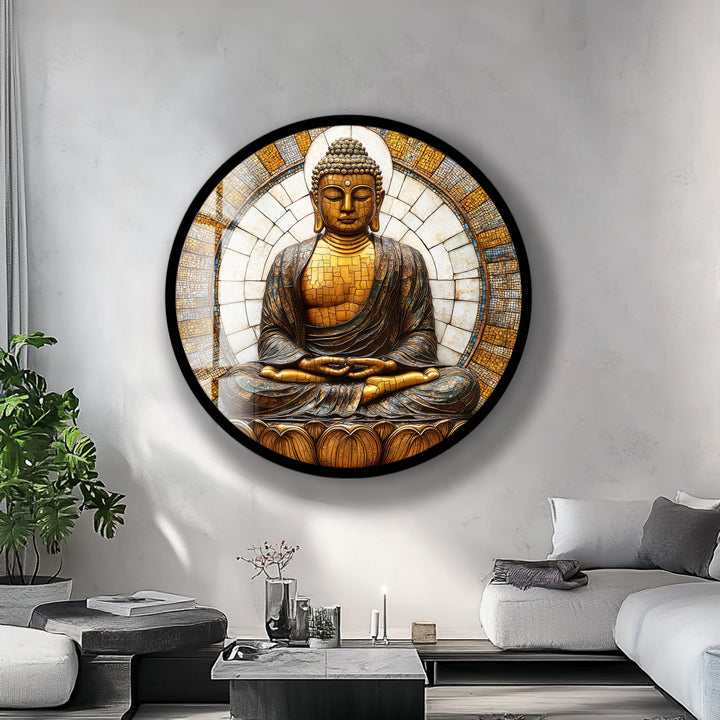 Golden Buddha Mosaic Serenity – Round Glass Wall Art