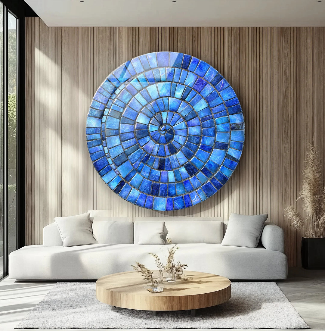 Ocean Spiral – Blue Mosaic Round Glass Wall Art - MyPhotoStation