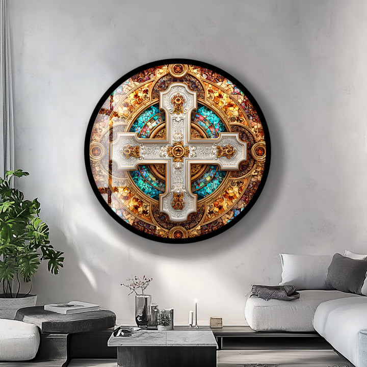 Imperial Cross Mosaic – Round Glass Wall Art