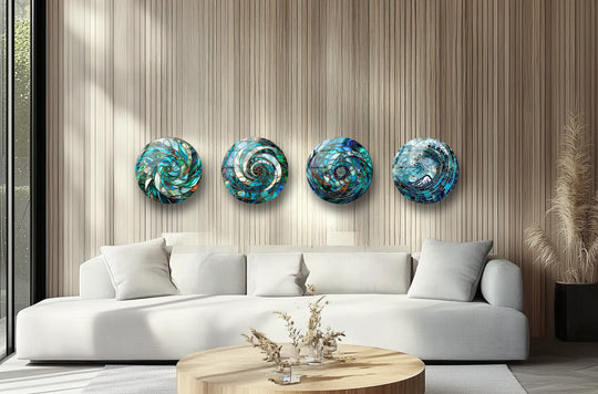 Aqua Spiral Essence shows turquoise and blue tones and is round glass wall art and ocean mosaic art and spiral wall decor for modern home decor
