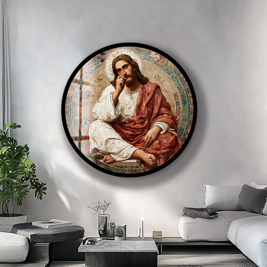 Contemplative Christ Mosaic – Round Glass Wall Art