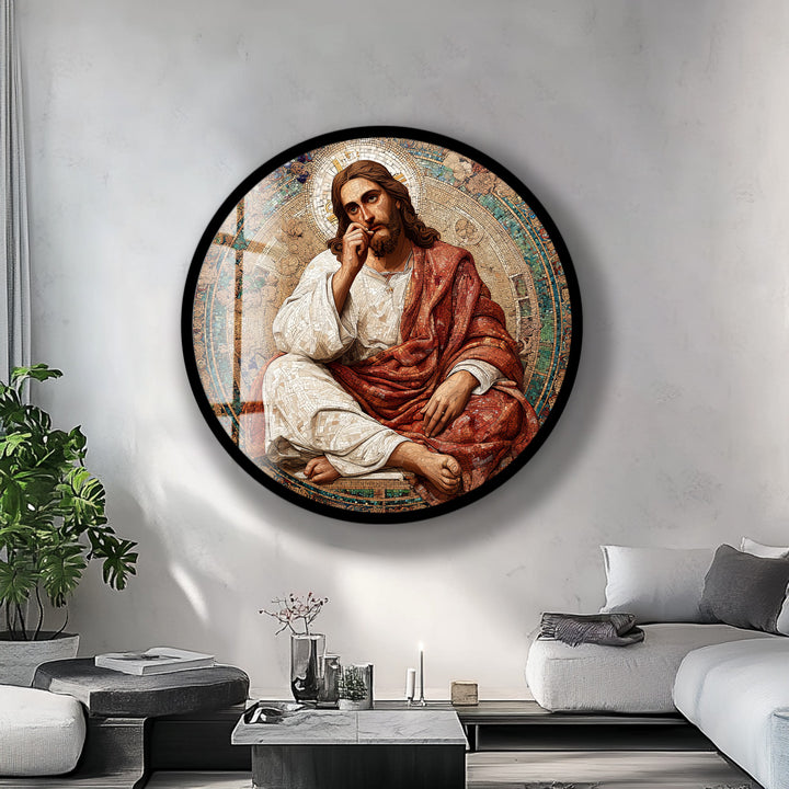 Contemplative Christ Mosaic – Round Glass Wall Art