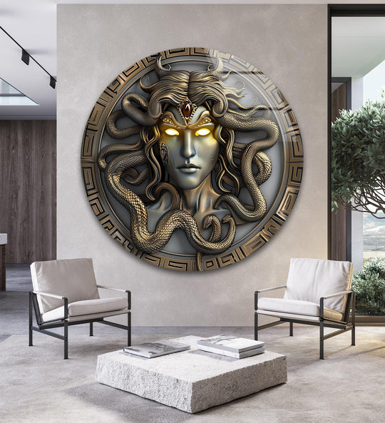 Dramatic color contrast highlights the metallic snakes and glowing eyes of the Gorgon’s Gaze Medusa-inspired round glass wall prints.