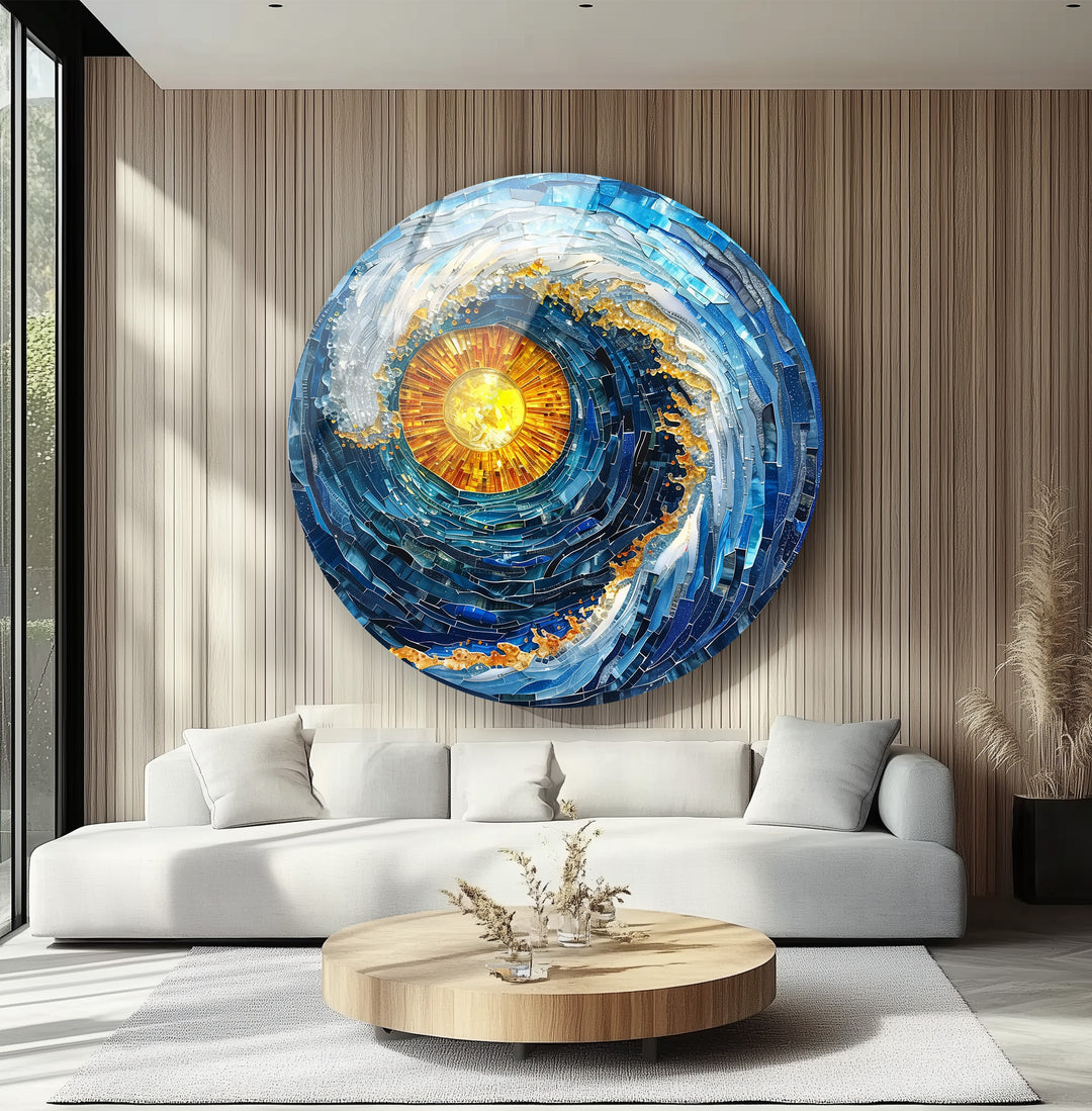 Round glass wall art featuring solar and wave mosaic design