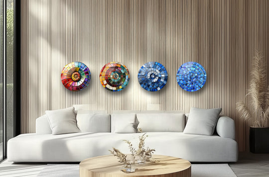 Round set of colorful mosaic glass wall art brings a radiant spectrum to your home decor and is a vibrant mosaic wall decor piece for modern interiors
