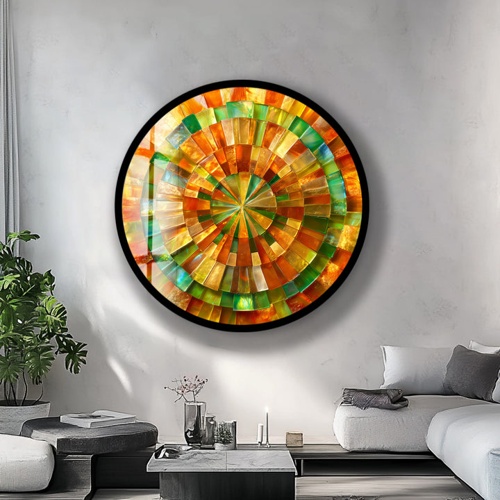 Verdant Sun Spiral – Round Glass Wall Art