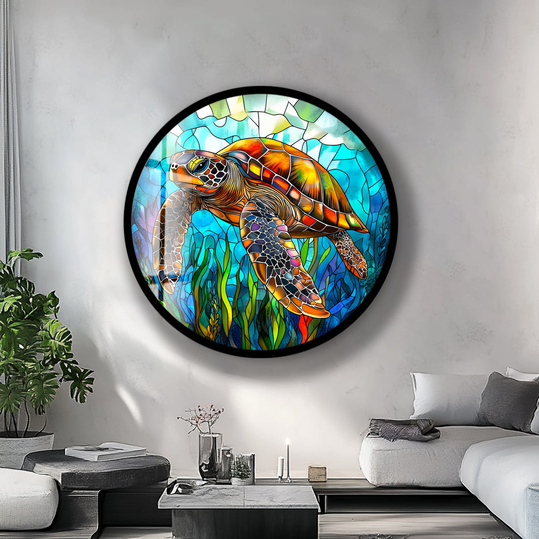 Ocean Voyager – Sea Turtle Round Glass Wall Art