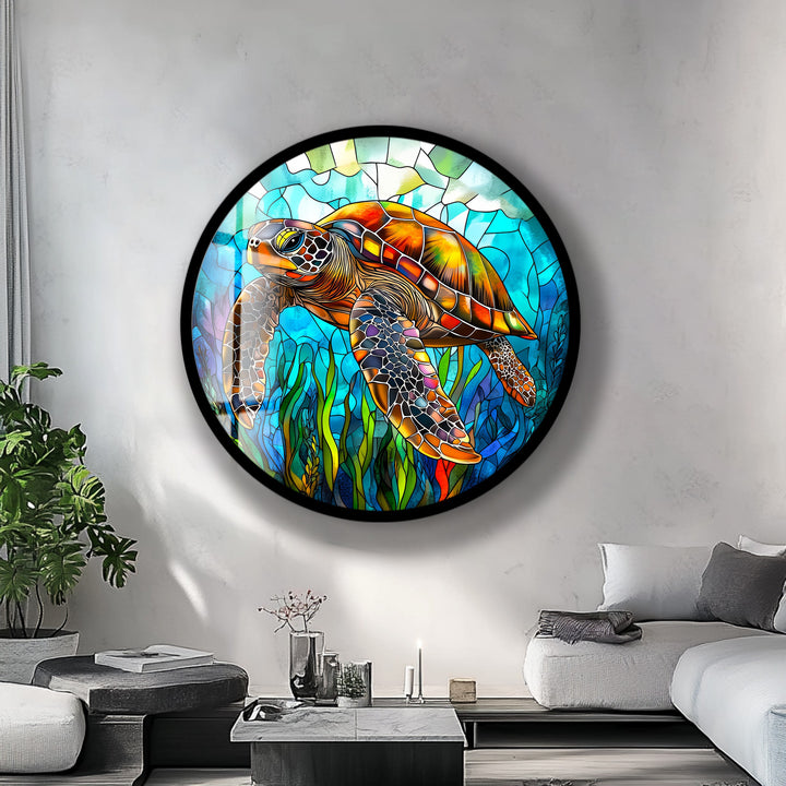 Ocean Voyager – Sea Turtle Round Glass Wall Art