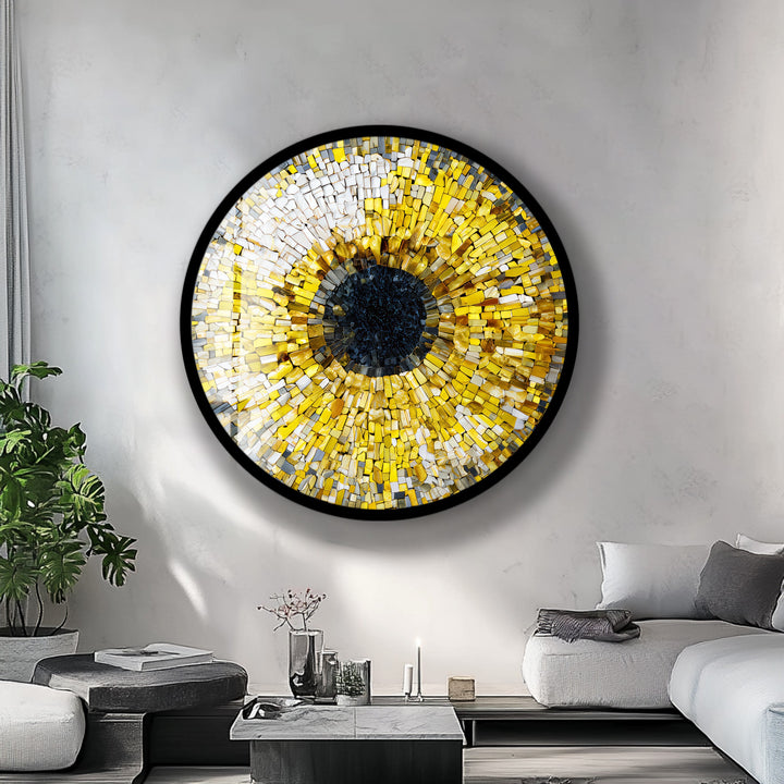 Golden Iris Mosaic – Round Glass Wall Art