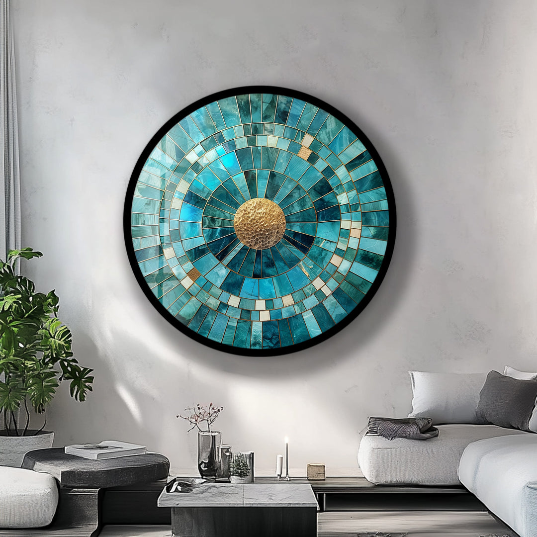 Golden Core – Turquoise Radiance Round Glass Wall Art