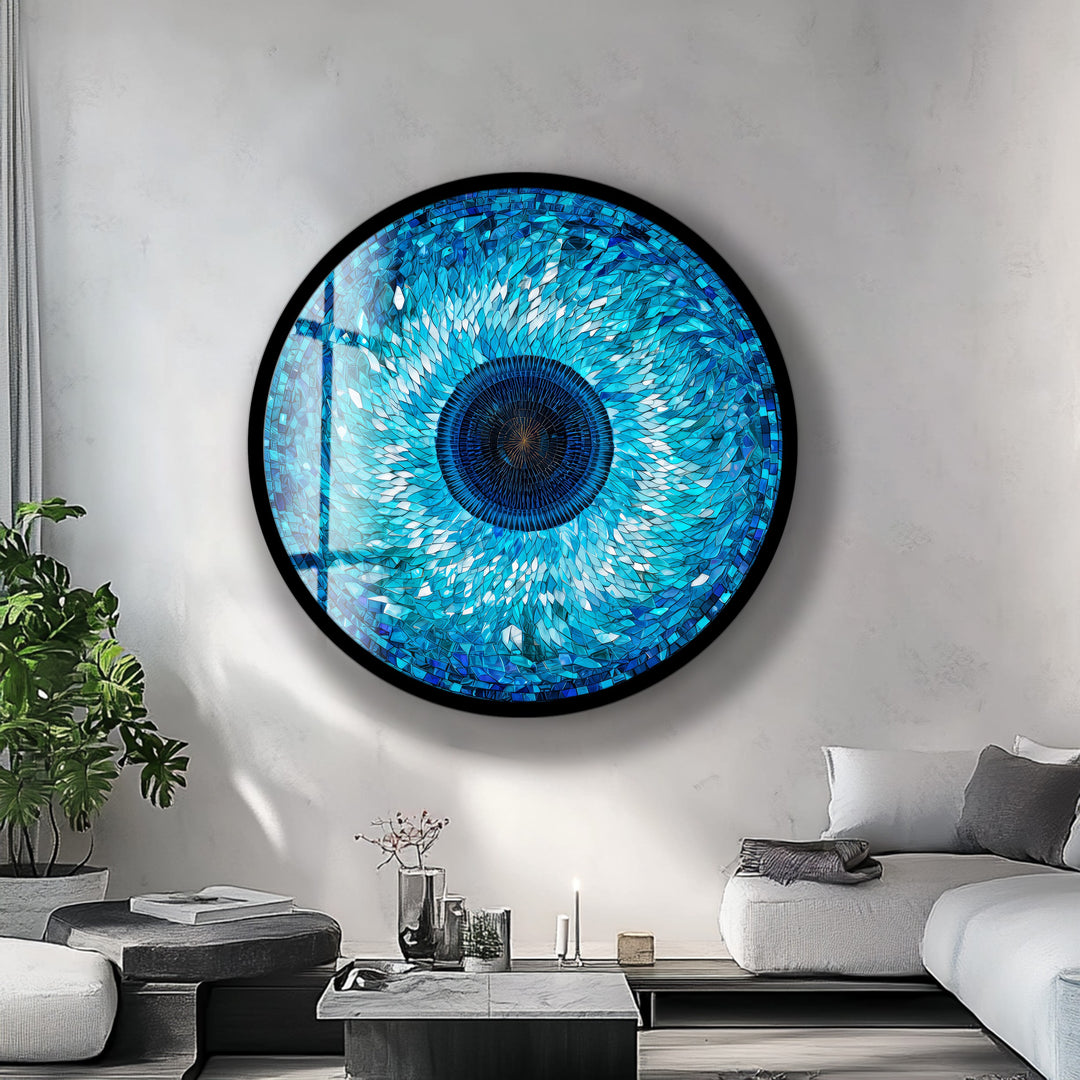 Sapphire Mosaic Evil Eye – Round Glass Wall Art