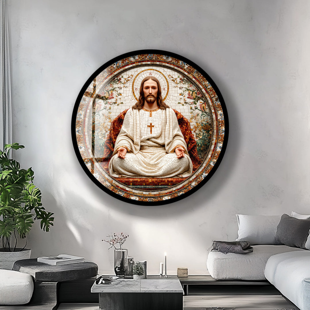 Christ the Redeemer in Ivory – Mosaic Round Glass Wall Art