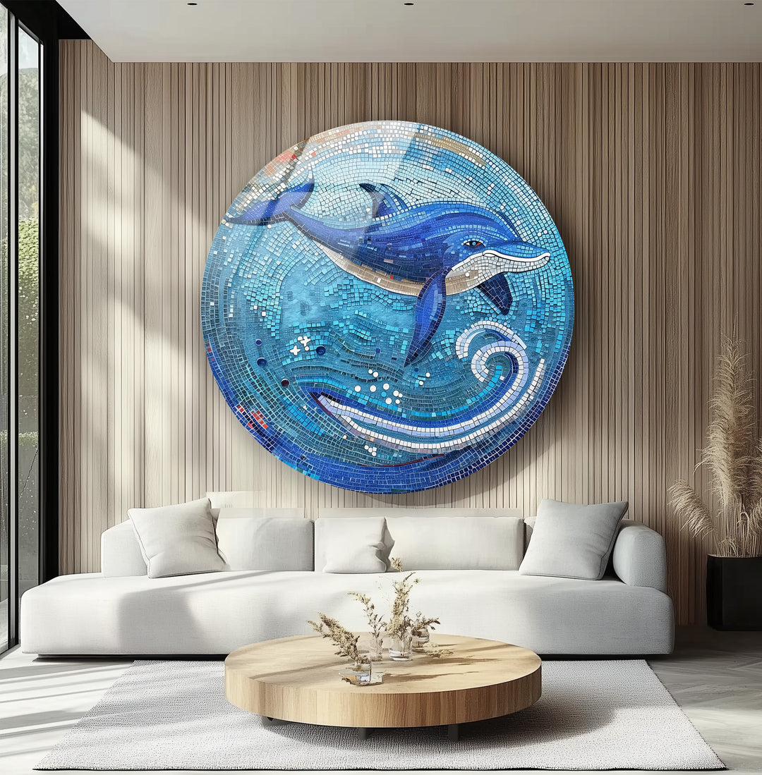 Ocean Harmony – Coastal Dolphin Mosaic Blue Glass Wall Art