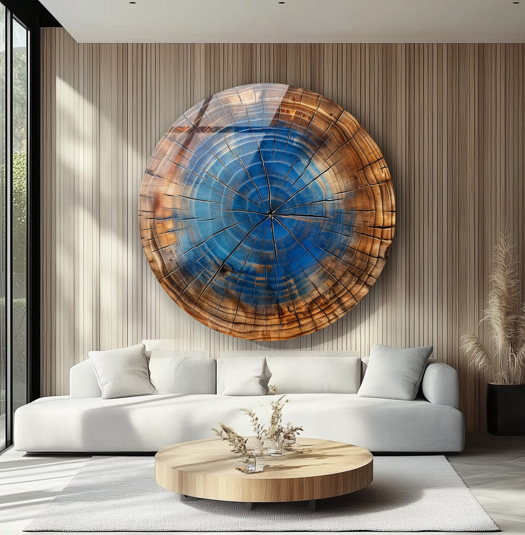 Blue Core Timber – Rustic Round Glass Wall Art