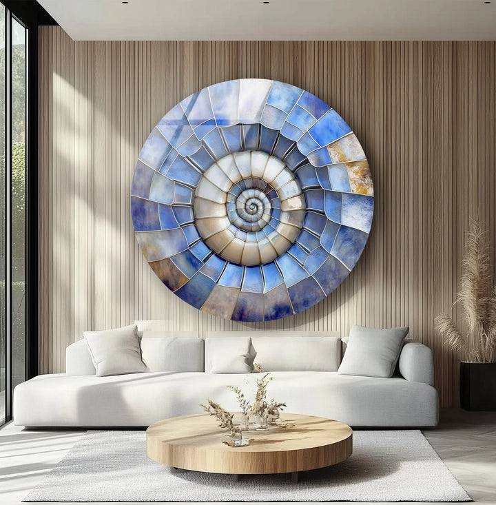 Ocean Spiral Shell – Blue & Sand Round Glass Wall Art - MyPhotoStation