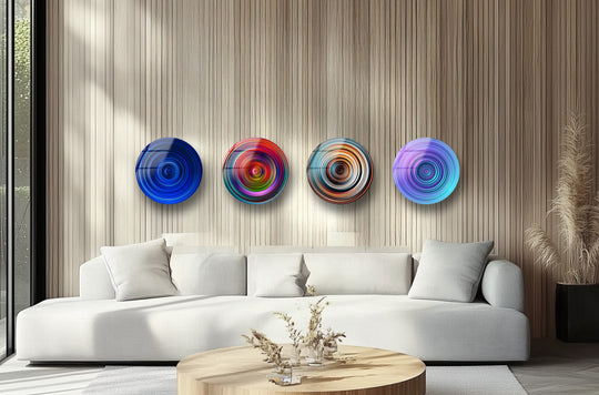 Round vibrant abstract glass wall art set shows colorful spiral motifs and artistic modern decor
