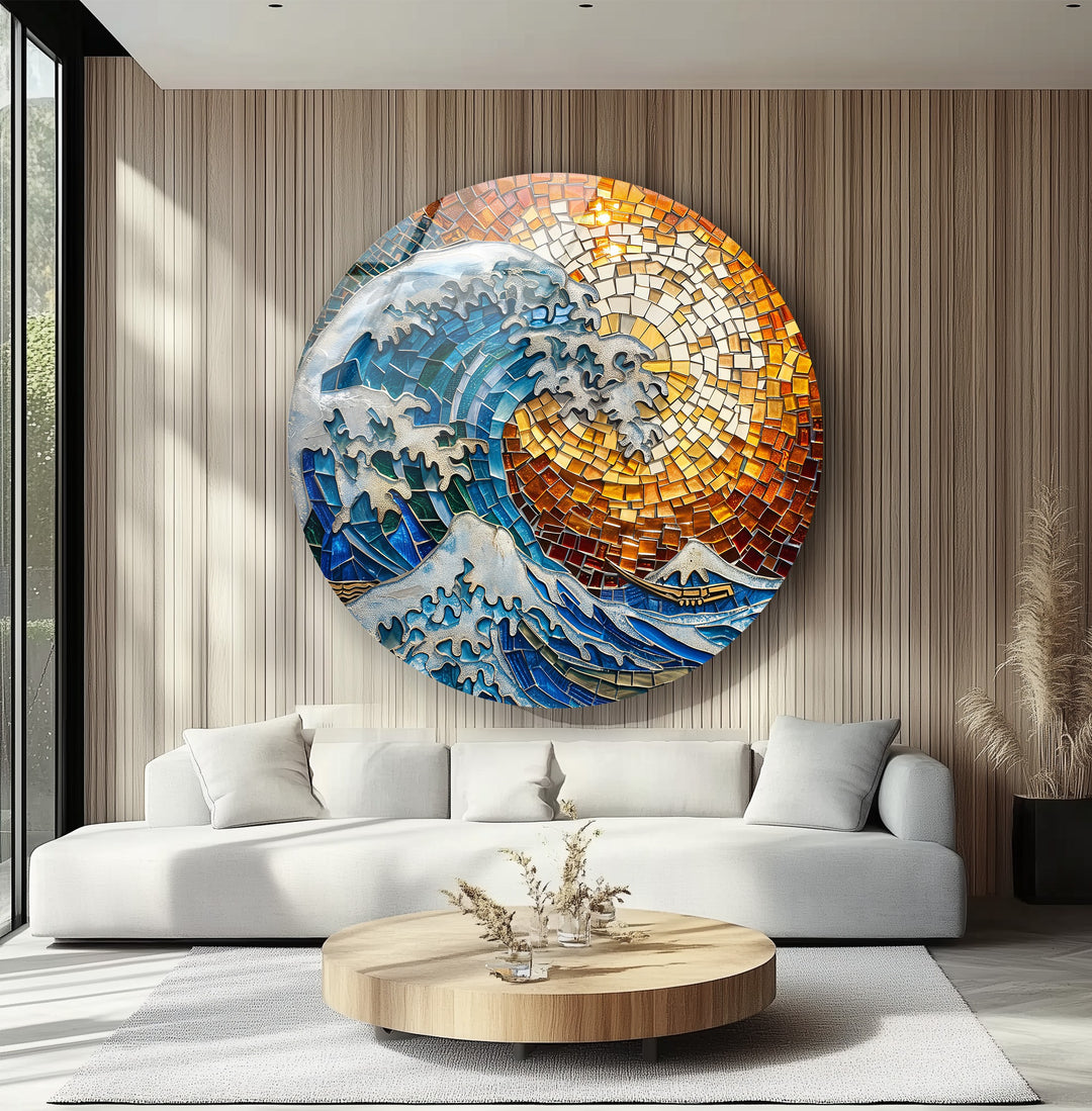 Golden Wave – Mosaic Ocean Round Glass Wall Art