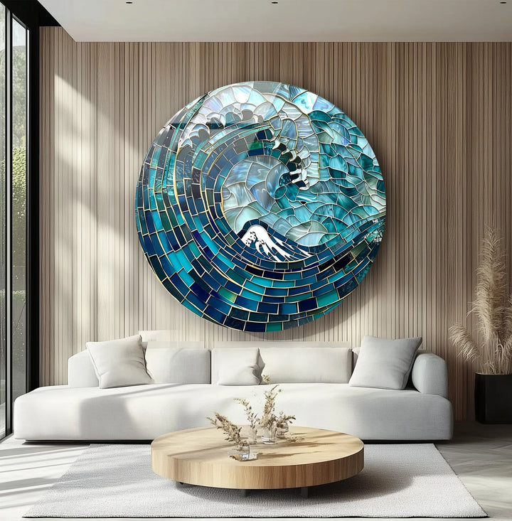 Deep Sea Wave Mosaic Round Glass Wall Art - MyPhotoStation