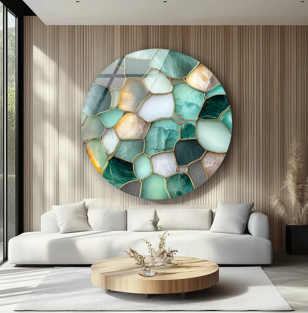 Green Stone Mosaic Round Glass Wall Art - MyPhotoStation
