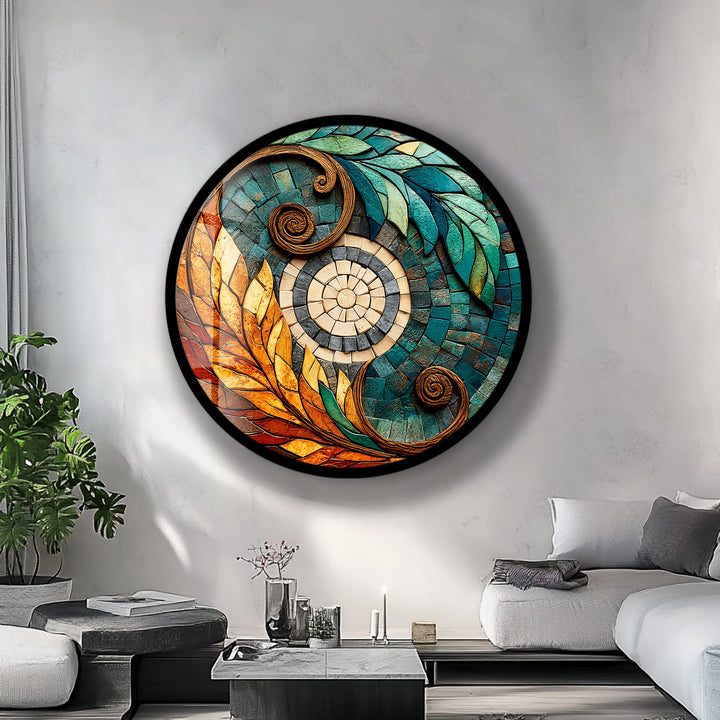 Solar Leaf Harmony – Round Glass Wall Art