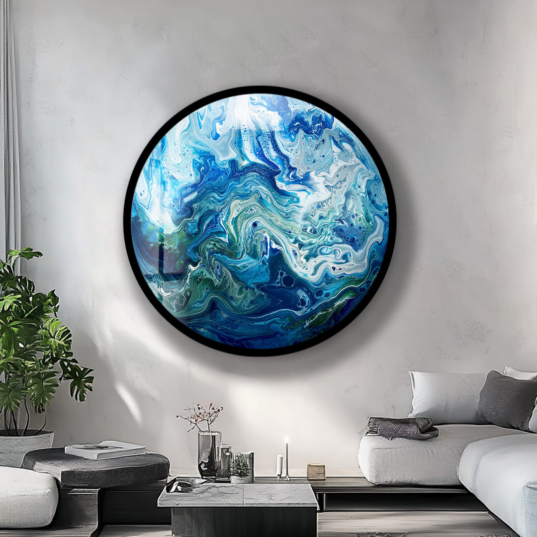 Ocean Veins – Blue Abstract Fluid Round Glass Wall Art