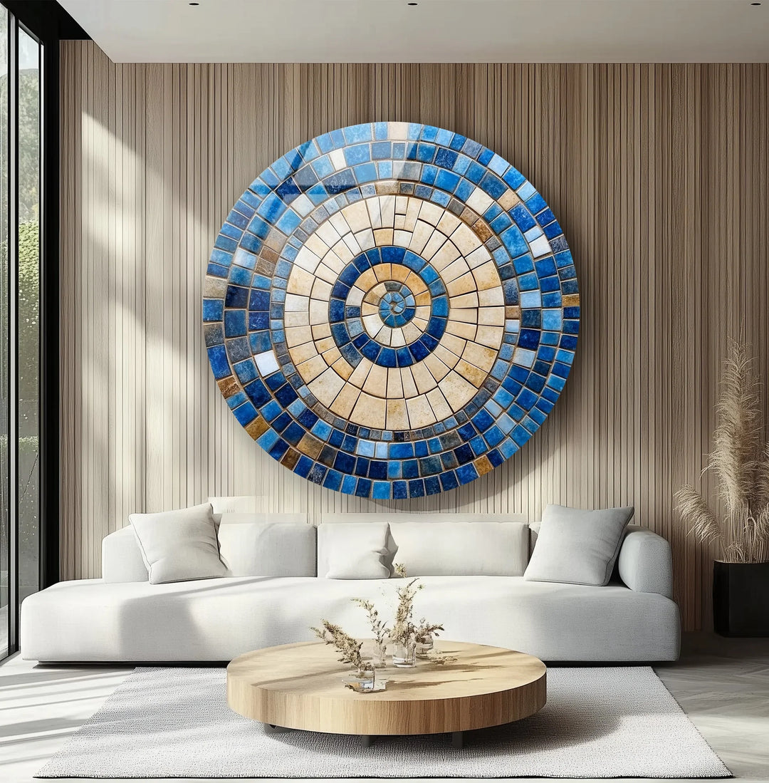 Coastal Sunburst – Beige & Blue Round Glass Wall Art - MyPhotoStation