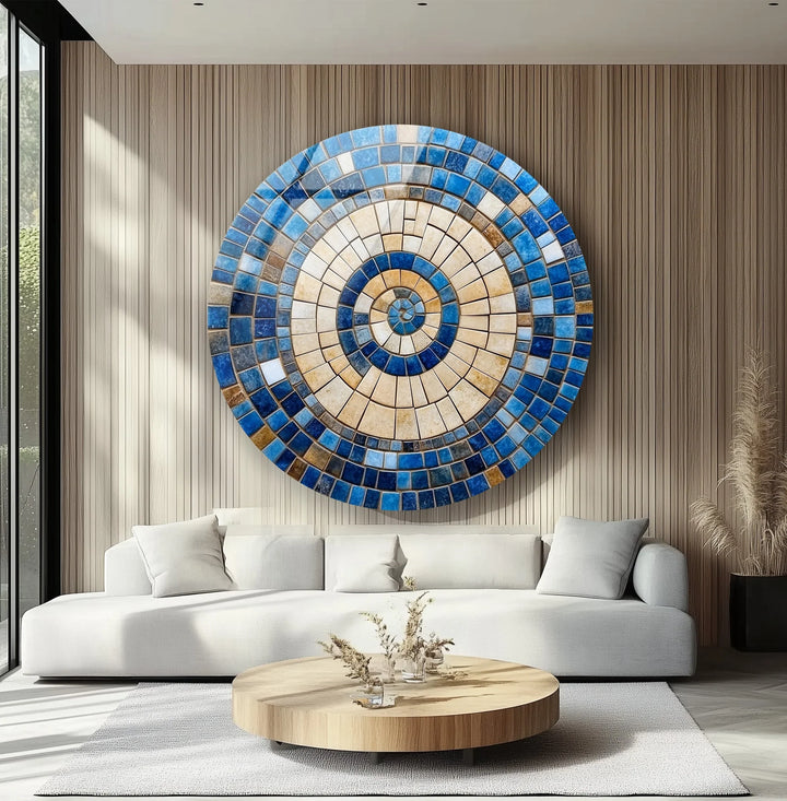 Coastal Sunburst – Beige & Blue Round Glass Wall Art - MyPhotoStation
