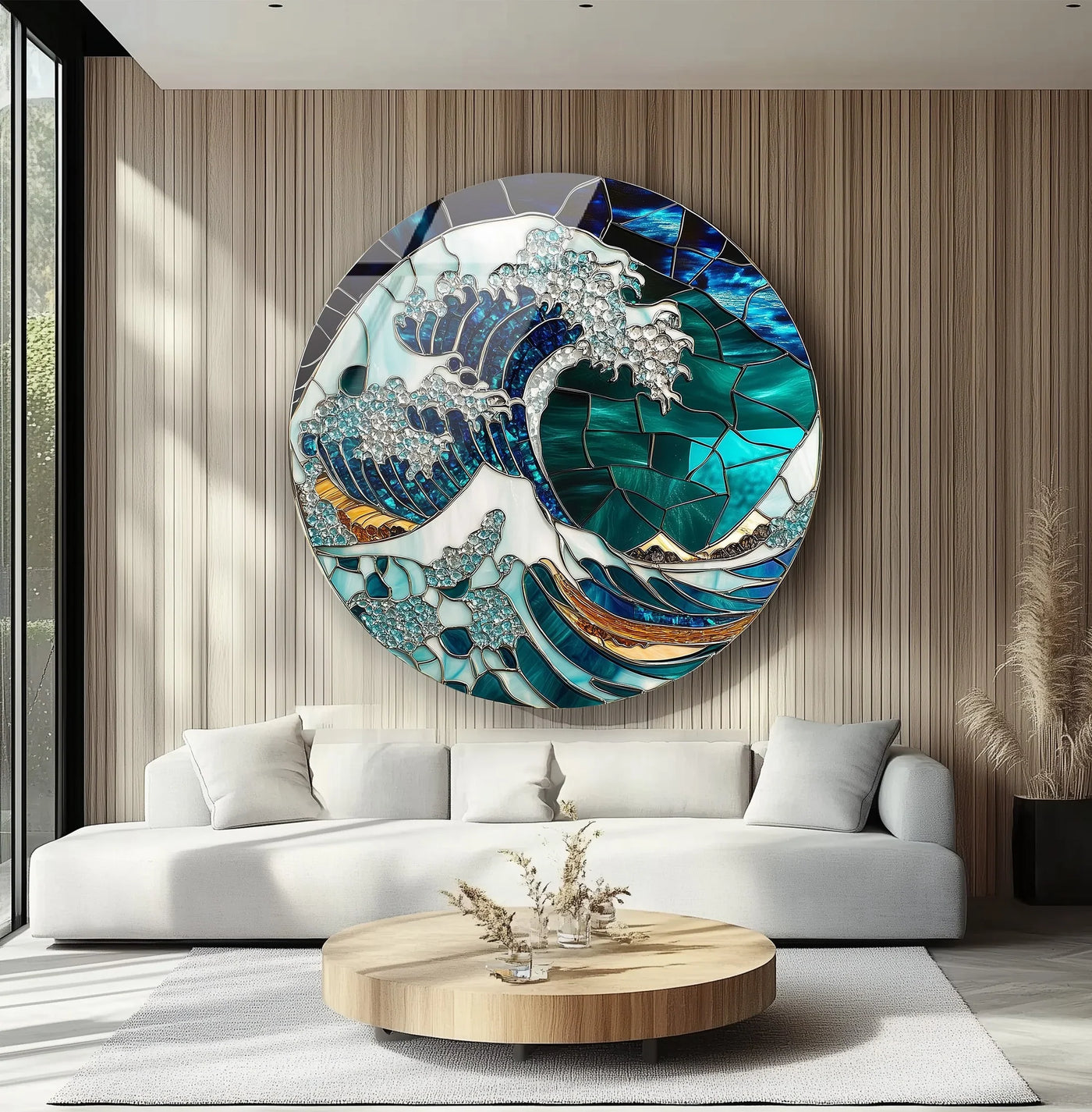 Subtle, vertically-paneled wood paneling creates a soothing backdrop for the crystal wave mosaic round glass wall prints, enhancing the artwork's vibrant hues.