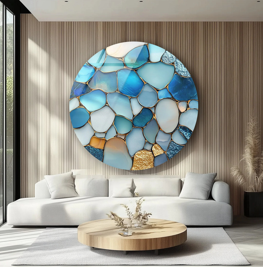 Ocean Blue Stone Mosaic Round Glass Wall Art - MyPhotoStation