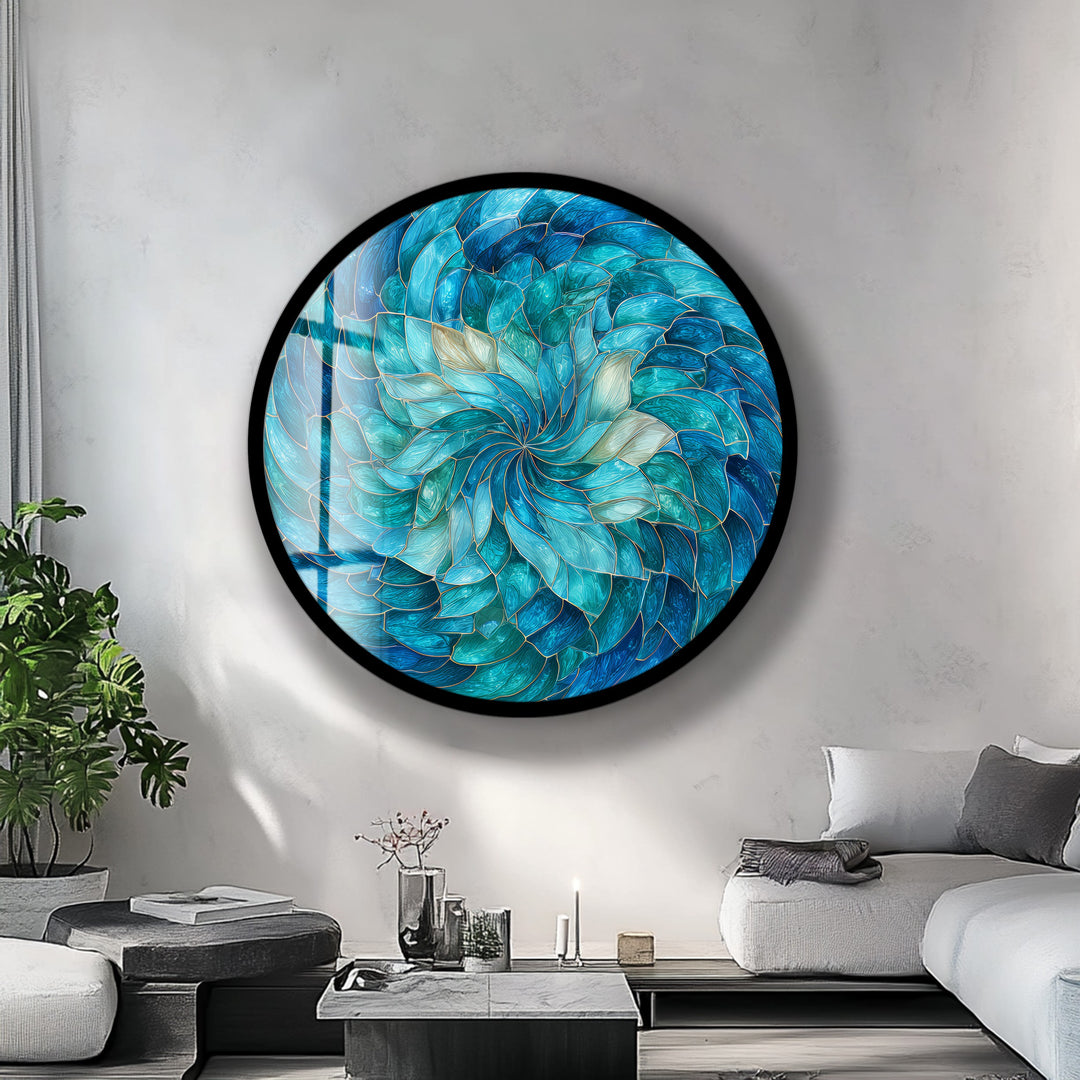 Ocean Bloom Spiral – Round Glass Wall Art