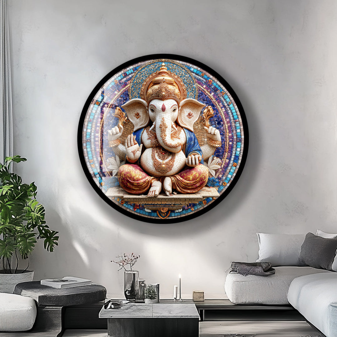 Divine Ganesha Mosaic – Round Glass Wall Art