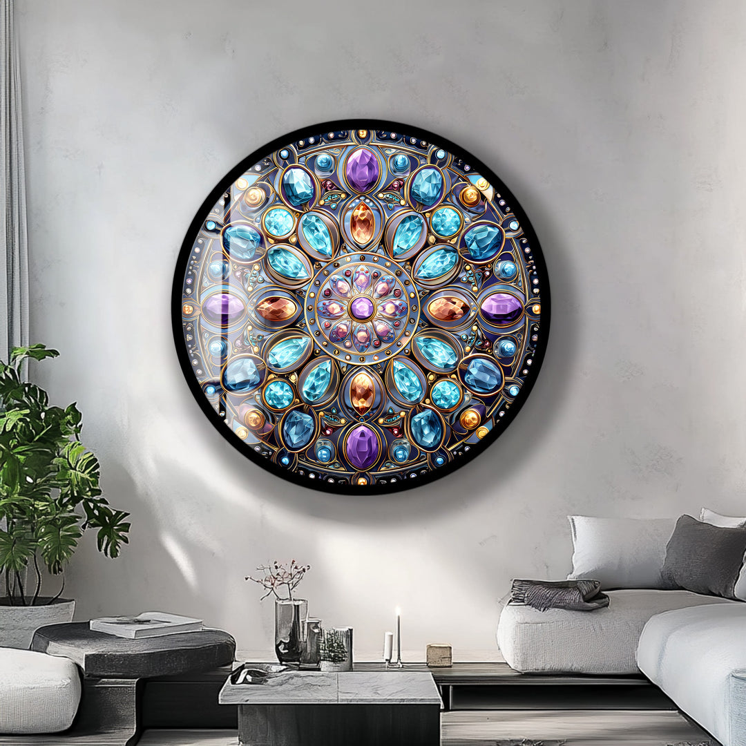 Celestial Jewel Mandala – Round Glass Wall Art