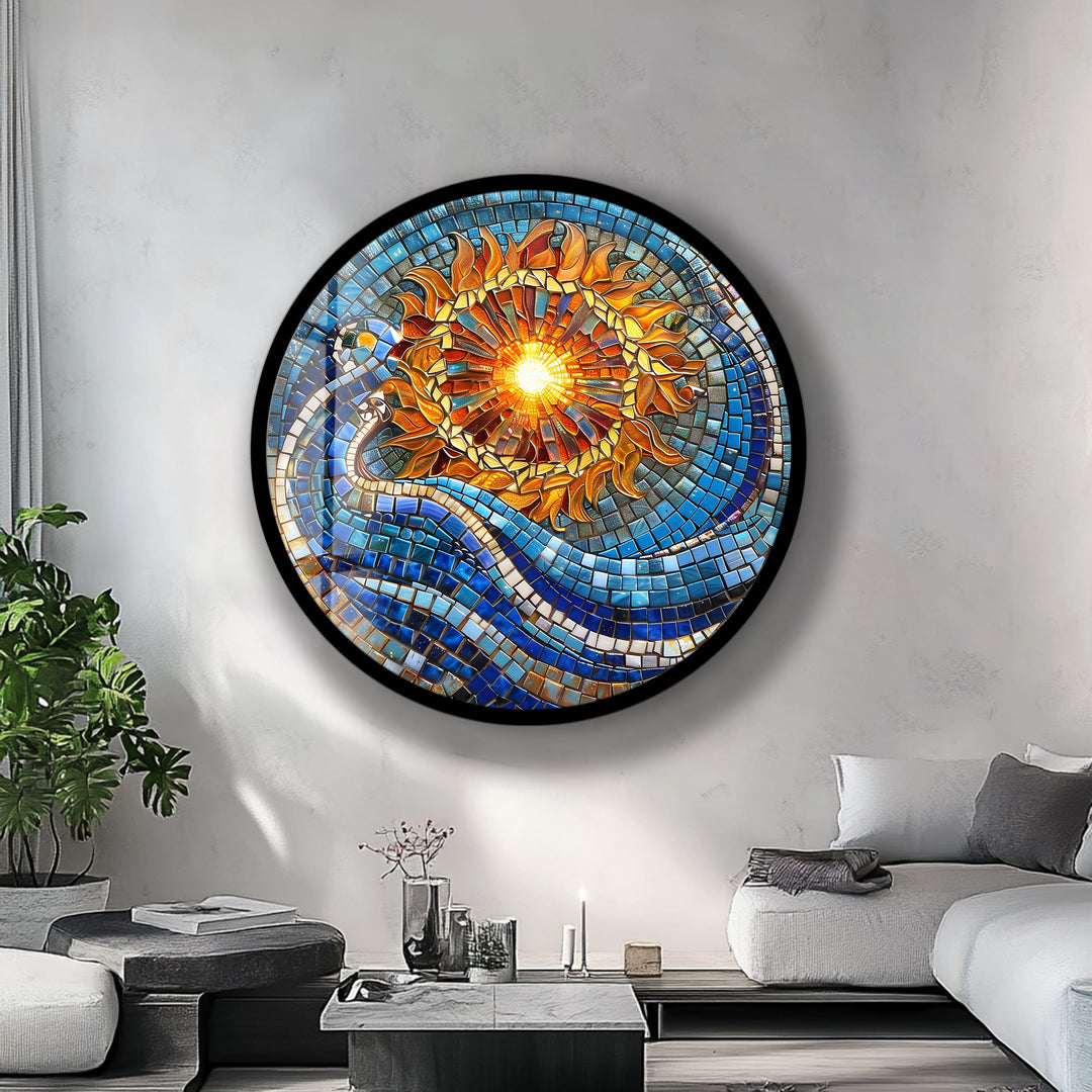 Solar Flow – Blue and Gold Mosaic Round Glass Wall Art