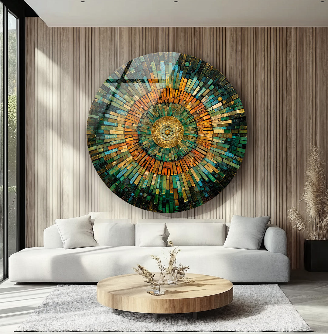 Golden Horizon – Emerald & Amber Mosaic Round Glass Wall Art